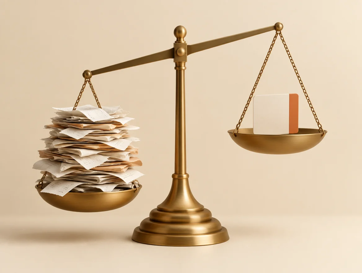 A brass balance scale: a tall pile of invoices on one side, a single card on the other