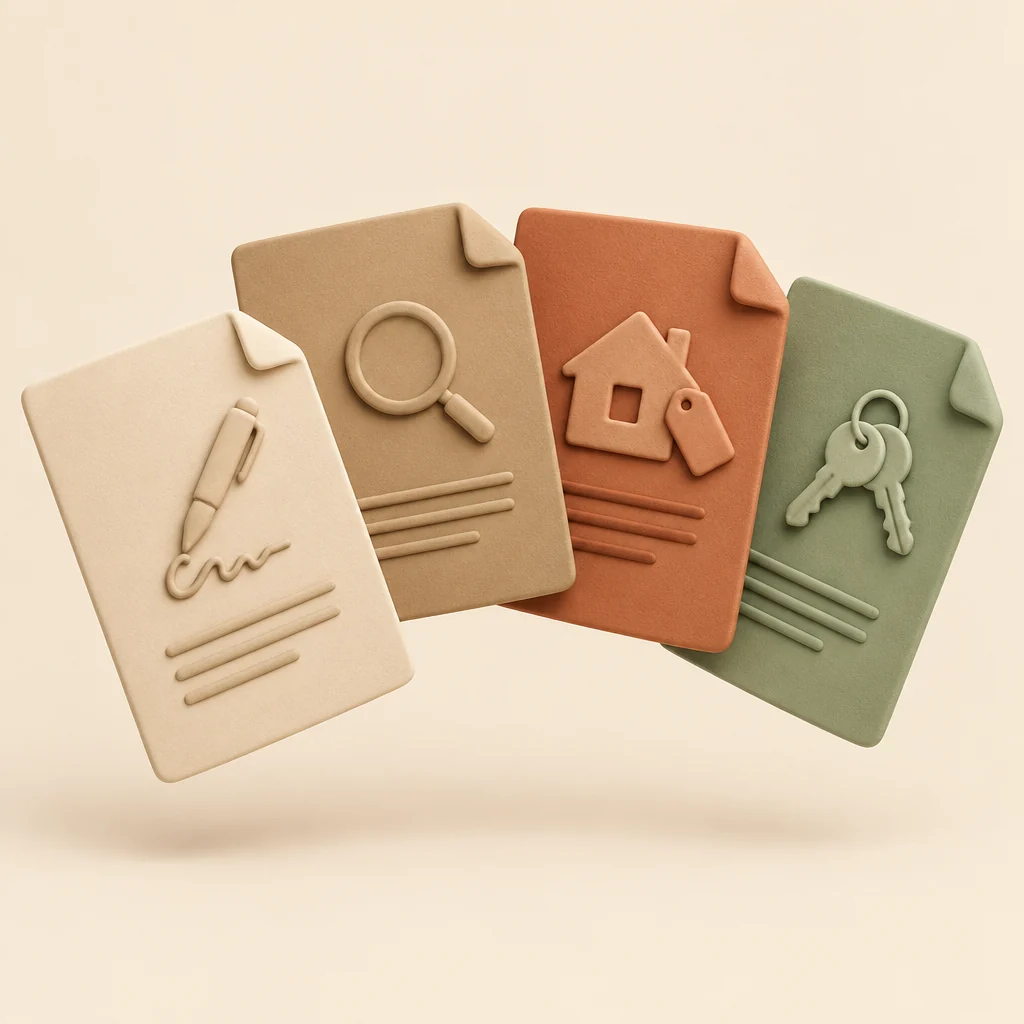 Four fanned documents: a signed contract, an inspection report, an appraisal and a set of keys