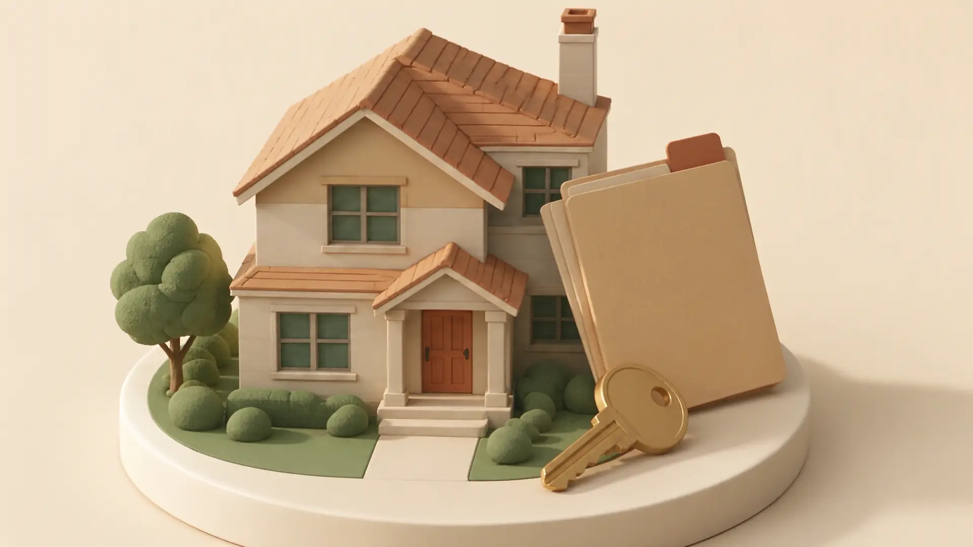 A clay model of a Colorado home with a deal folder and a brass key