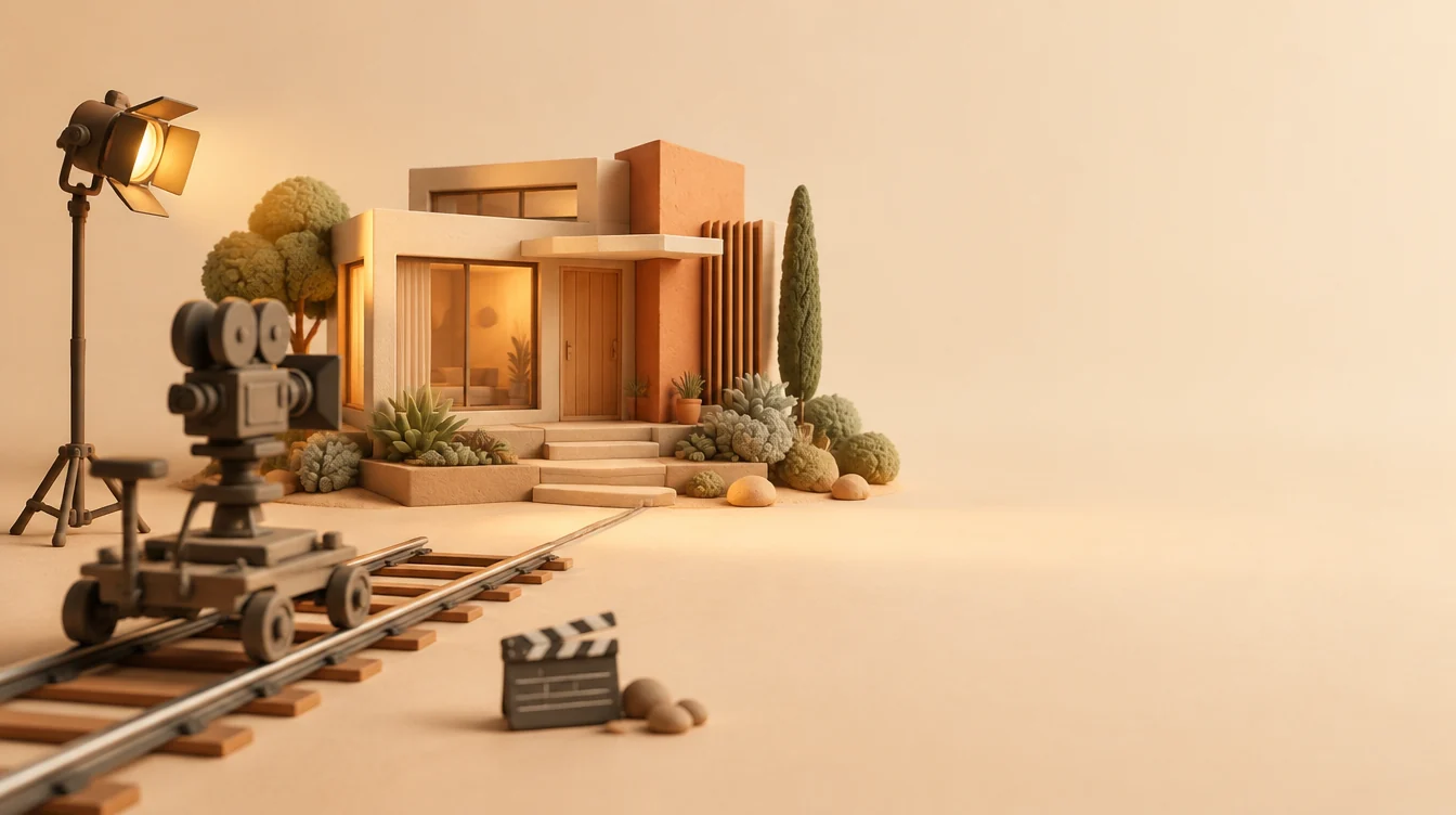 A miniature film set: a camera on a dolly track and a spotlight pointed at a small modern home