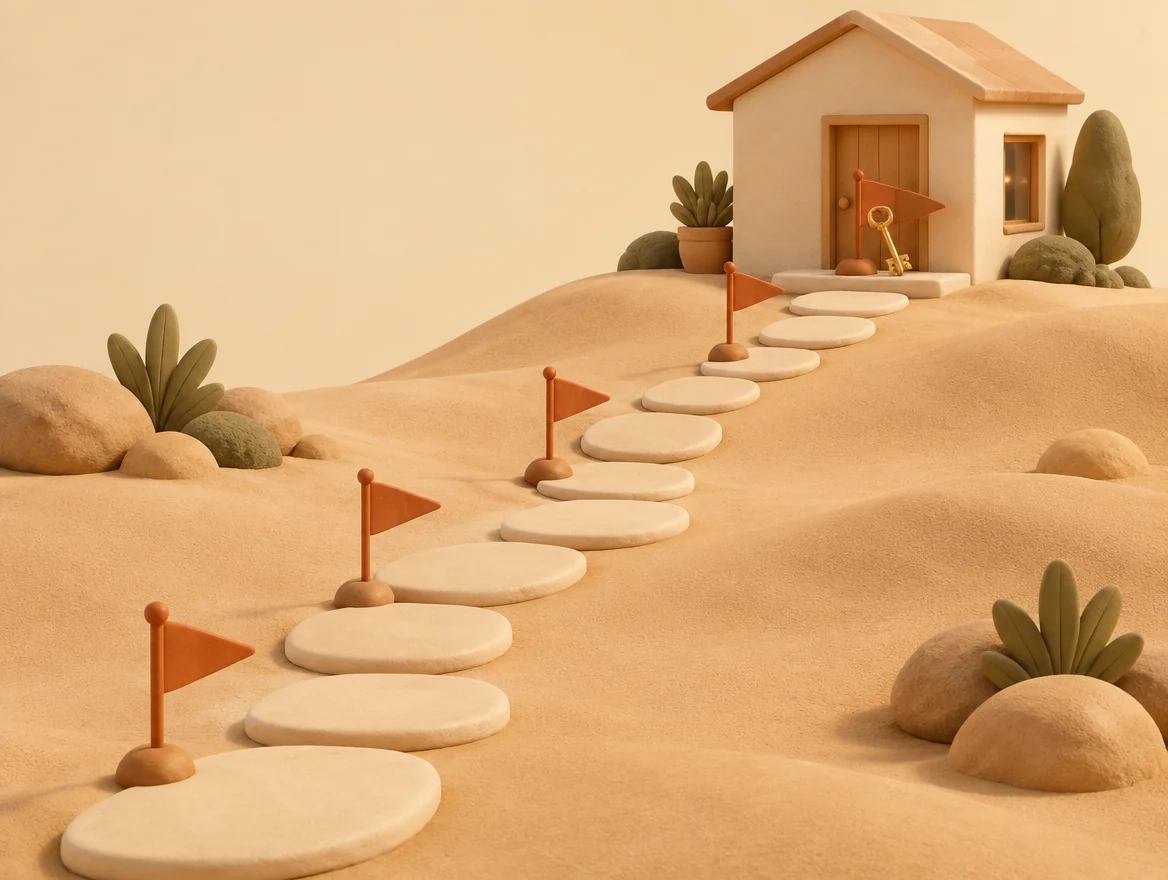 A path of stepping stones with milestone flags leading up to a home
