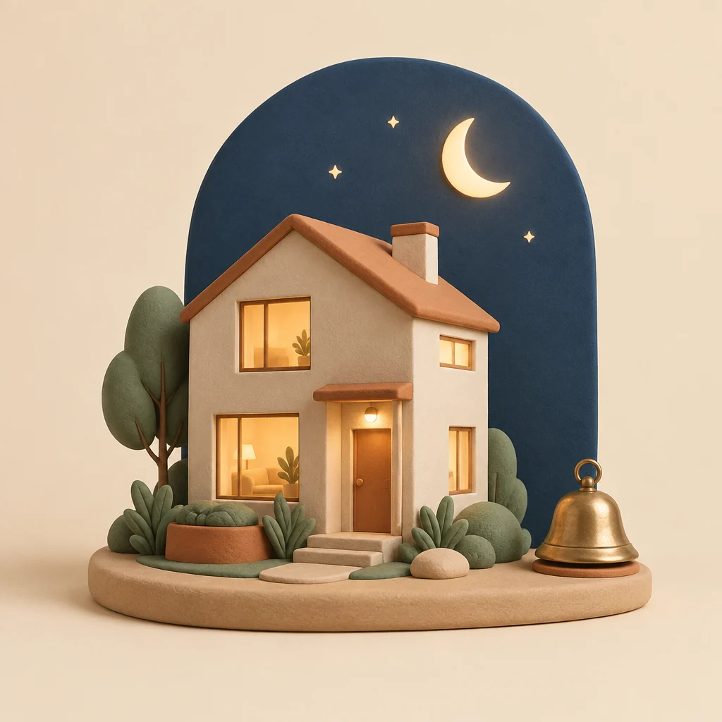 A small home at night with its windows lit and a brass service bell at the door